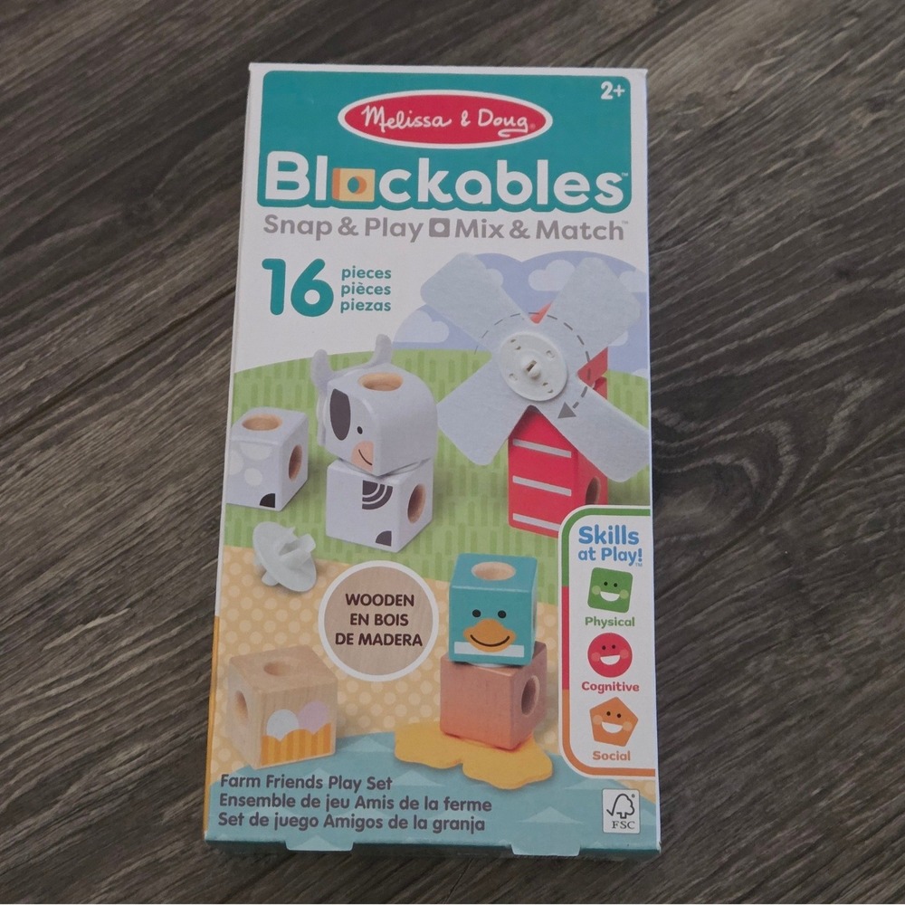 Melissa & Doug Blockables Farm Friends Play Set 16pc Wood Toy Snap Mix Match NEW